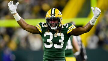 El runnig back Aaron Jones registra 839 yardas totales y siete touchdowns en 160 toques ofensivos en diez partidos con los Green Bay Packers en 2021.