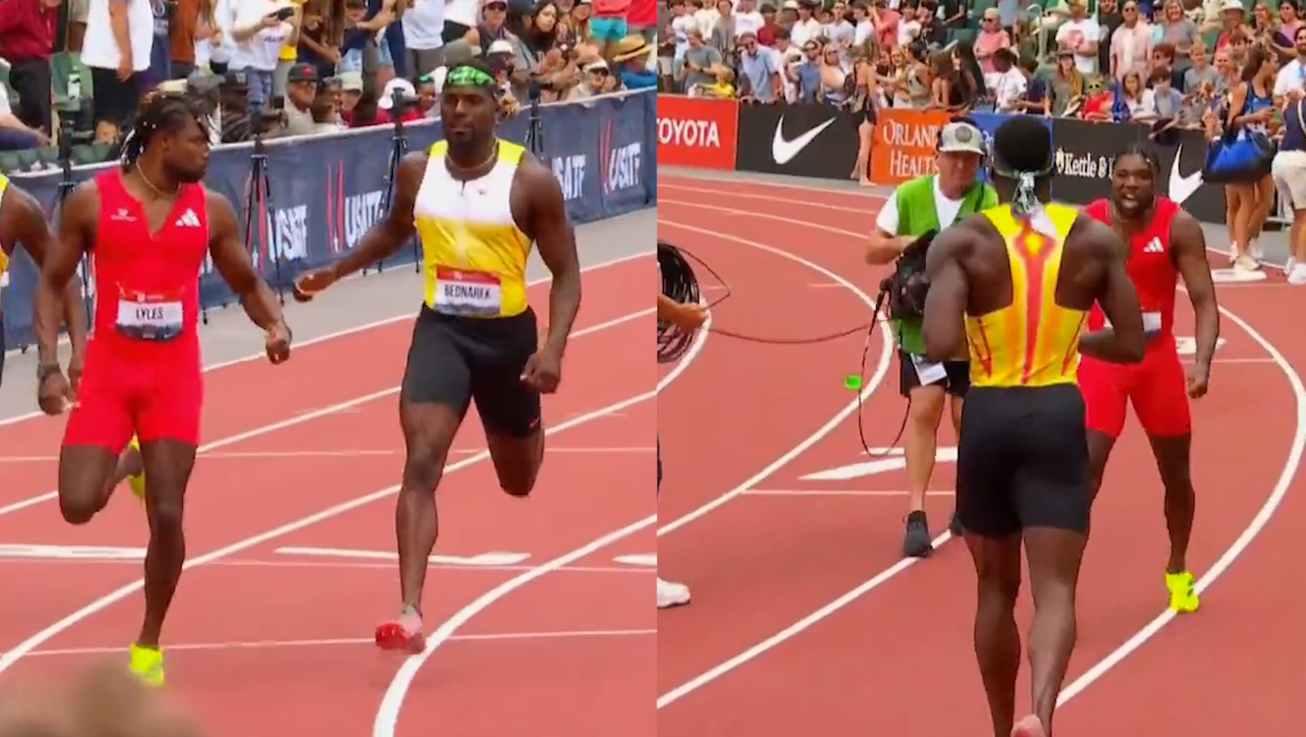 Noah Lyles pushed by rival after heated 200m race