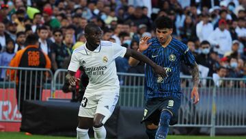 Jul 26, 2022; San Francisco, California, USA; Real Madrid defender Ferland Mendy (23) controls the ball ahead of Club America defender Jorge Sanchez (3) during the first half at Oracle Park. Mandatory Credit: Kelley L Cox-USA TODAY Sports