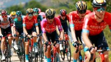 VILLADIEGO, SPAIN - AUGUST 03: Santiago Buitrago Sanchez of Colombia and Team Bahrain Victorious Purple Leader Jerseycompetes during the 44th Vuelta a Burgos 2022a Stage 2 a 158km stage from Vivar del Cid to Villadiego on August 03, 2022 in Villadiego, Spain. (Photo by Gonzalo Arroyo Moreno/Getty Images)