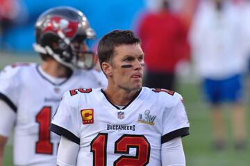 Tampa Bay Buccaneers quarterback Tom Brady (12) on the field for warmups before Super Bowl LV at Raymond James Stadium in Tampa, FL, USA on Sunday, February 7, 2021.