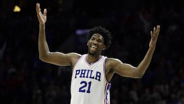 Philadelphia 76ers' Joel Embiid reacts during the final minutes of an NBA basketball game against the Toronto Raptors, Wednesday, Jan. 18, 2017, in Philadelphia. Philadelphia won 94-89. (AP Photo/Matt Slocum)
