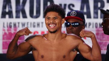 NEWARK, NEW JERSEY - JULY 05: Shakur Stevenson poses on the scale during a weigh-in ahead of his WBC Lightweight World Title fight against Artem Harutyunyan of Germany (not pictured) at Prudential Center on July 05, 2024 in Newark, New Jersey.   Sarah Stier/Getty Images/AFP (Photo by Sarah Stier / GETTY IMAGES NORTH AMERICA / Getty Images via AFP)
