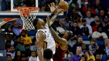 Jan 23, 2017; New Orleans, LA, USA; New Orleans Pelicans forward Terrence Jones (9) blocks a shot by Cleveland Cavaliers forward LeBron James (23) during the fourth quarter of a game at the Smoothie King Center. The Pelicans defeated the Cavaliers 124-122. Mandatory Credit: Derick E. Hingle-USA TODAY Sports