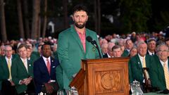 AUGUSTA, GEORGIA - APRIL 09: Jon Rahm of Spain speaks during the green jacket ceremony after winning the 2023 Masters Tournament at Augusta National Golf Club on April 09, 2023 in Augusta, Georgia.   Ross Kinnaird/Getty Images/AFP (Photo by ROSS KINNAIRD / GETTY IMAGES NORTH AMERICA / Getty Images via AFP)