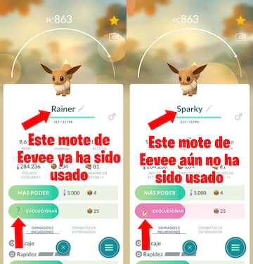 pokemon go eevee evoluciones que nombres hay que ponerle