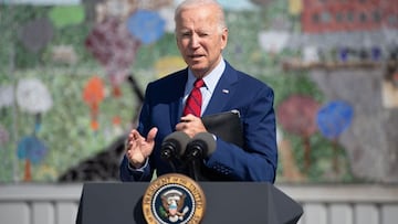 US President Joe Biden speaks about coronavirus protections in schools during a visit to Brookland Middle School in Washington, DC, September 10, 2021. (Photo by SAUL LOEB / AFP)