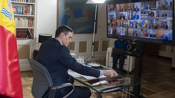 El presidente del Gobierno, Pedro Sánchez, durante la videoconferencia para tratar la crisis del coronavirus con los presidentes autonómicos, en Madrid (España), a 15 de marzo de 2020.