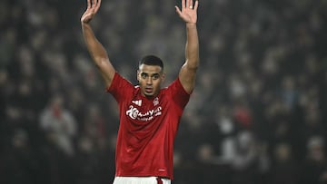 Nottingham Forest's Brazilian defender #05 Murillo gestures during the English Premier League football match between Nottingham Forest and Tottenham Hotspur at The City Ground in Nottingham, central England, on December 26, 2024. (Photo by Ben STANSALL / AFP) / RESTRICTED TO EDITORIAL USE. No use with unauthorized audio, video, data, fixture lists, club/league logos or 'live' services. Online in-match use limited to 120 images. An additional 40 images may be used in extra time. No video emulation. Social media in-match use limited to 120 images. An additional 40 images may be used in extra time. No use in betting publications, games or single club/league/player publications. /