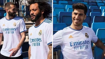 Benzema, Marcelo y Asensio, en las gradas del Alfredo Di St&eacute;fano con la camiseta del Real Madrid para la temporada 2021-2022.