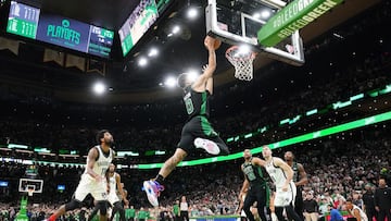 Apr 17, 2022; Boston, Massachusetts, USA; Boston Celtics forward Jayson Tatum (0) makes the game winning basket against the Brooklyn Nets in the second half during game one of the first round for the 2022 NBA playoffs at TD Garden. Mandatory Credit: David Butler II-USA TODAY Sports