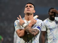 Inter Milan's Argentine forward #10 Lautaro Martinez celebrates after scoring his team's third goal during the Italian Serie A football match between Sassuolo and Inter Milan at the Mapei Stadium in Reggio Emilia, Italy on February 8, 2026 (Photo by Piero CRUCIATTI / AFP)