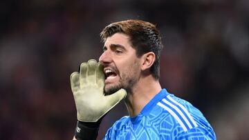Soccer Football - Champions League - Group F - RB Leipzig v Real Madrid - Red Bull Arena, Leipzig, Germany - October 25, 2022 Real Madrid's Thibaut Courtois reacts REUTERS/Annegret Hilse