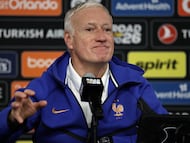 France's head coach Didier Deschamps speaks during a press conference at Northwest Stadium in Landover, Maryland on March 28, 2026, on the eve of a friendly match against Colombia. France will play against Colombia in an international friendly football match on March 29, 2026, in preparation for the upcoming FIFA World Cup. (Photo by FRANCK FIFE / AFP)
