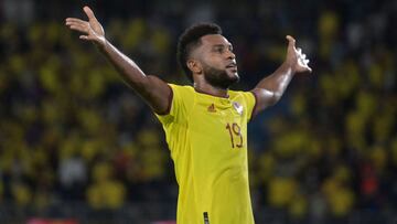 Colombia&#039;s Miguel Angel Borja celebrates after scoring against Chile during the South American qualification football match for the FIFA World Cup Qatar 2022 at the Roberto Melendez Metropolitan Stadium in Barranquilla, Colombia, on September 9, 2021. (Photo by Juan BARRETO / AFP)