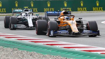 McLaren Renault driver Carlos Sainz (55) of Spain and Mercedes driver Valtteri Bottas (77) of Finland during FIA Formula 1 Grand Prix free practice celebrated at Circuit of Barcelona 11th May 2019 in Barcelona, Spain. 