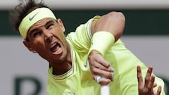 Spain&#039;s Rafael Nadal reacts as he hits a return to Germany&#039;s Yannick Hanfmann during their men&#039;s singles first round match on day two of The Roland Garros 2019 French Open tennis tournament in Paris on May 27, 2019. (Photo by Thomas SAMSON 