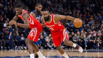 Mar 18, 2018; Minneapolis, MN, USA; Houston Rockets guard James Harden (13) dribbles in the first quarter against the Minnesota Timberwolves at Target Center. Mandatory Credit: Brad Rempel-USA TODAY Sports