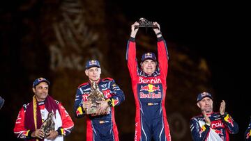 Carlos Sainz and Lucas Cruz, Nasser Al-Attiyah and Stephane Peterhansel are seen at the podium of Rally Dakar 2020 in Qiddiya, Saudi Arabia on January 17, 2020 // Marcelo Maragni/Red Bull Content Pool // SI202001170485 // Usage for editorial use only // 