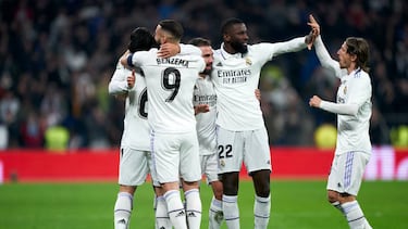 MADRID, SPAIN - FEBRUARY 02: Marco Asensio of Real Madrid celebrates after scoring their side's first goal with his teammates during the LaLiga Santander match between Real Madrid CF and Valencia CF at Estadio Santiago Bernabeu on February 02, 2023 in Madrid, Spain. (Photo by Mateo Villalba/Quality Sport Images/Getty Images)