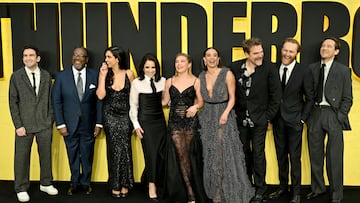 Lewis Pullman, Wyatt Russell, David Harbour, Hannah John-Kamen, Florence Pugh, Julia Louis-Dreyfus, Geraldine Viswanathan, Wendell Pierce and Jake Schreier attend the European premiere of Marvel Studios' ''Thunderbolts*" in London, Britain, April 22, 2025. REUTERS/Chris J. Ratcliffe