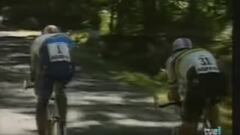 Miguel Indurain dobla a Lance Armstrong durante la crono de Bergerac en el Tour de Francia de 1994.