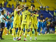Brian Rodriguez celebrates his goal 3-1 with Igor Lichnovsky, Ramon Juarez of America during the 2nd round match between America and Tijuana as part of the Liga BBVA MX, Torneo Apertura 2025 at Ciudad de los Deportes Stadium, on July 16, 2025 in Mexico City, Mexico