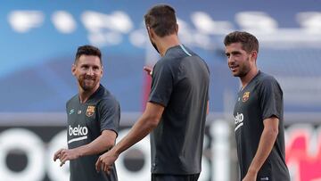 Lionel Messi, Gerard Piqu&eacute; and Sergi Roberto training at the Est&aacute;dio da Luz in Lisbon. 