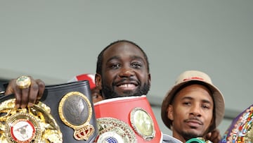 LAS VEGAS (ESTADOS UNIDOS), 14/09/2025.- El boxeador estadounidense Terence Crawford durante la rueda de prensa ofrecida al término del combate ante el mexicano Saúl "Canelo" Álvarez este sábado, en el Allegiant Stadium en Las Vegas (EE.UU.). Crawford ha derrotado al mexicano Saúl 'Canelo' Álvarez por voto unánime y le ha arrebatado sus títulos mundiales. EFE/ Octavio Guzmán