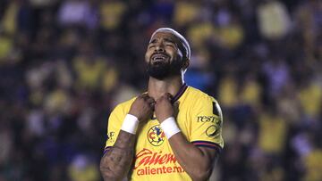 America's Uruguayan forward #27 Rodrigo Aguirre reacts during the Liga MX Clausura tournament final first leg football match between America and Toluca at Ciudad de los Deportes stadium in Mexico City on May 22, 2025. (Photo by Victor Cruz / AFP)