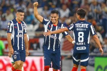 Monterrey's defender #06 Edson Gutierrez (C) celebrates with teammates after scoring during the Liga MX Apertura tournament football match between Monterrey and Leon at the BBVA stadium in Monterrey, Nuevo Leon State, Mexico, on November 10, 2024. (Photo by Julio Cesar AGUILAR / AFP)