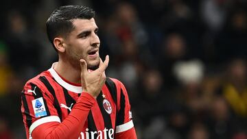 AC Milan's Spanish forward #07 Alvaro Morata reacts during the Italian Serie A football match between AC Milan and Juventus Turin at San Siro stadium in Milan, on November 23, 2024. (Photo by Isabella BONOTTO / AFP)