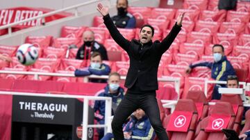 Arsenal&#039;s Spanish manager Mikel Arteta reacts during the English Premier League football match between Arsenal and Brighton and Hove Albion at the Emirates Stadium in London on May 23, 2021. (Photo by Alastair Grant / POOL / AFP) / RESTRICTED TO EDIT