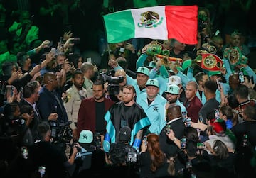 Canelo Álvarez makes his ring walk for his undisputed super middleweight championship fight against Jaime Munguia at T-Mobile Arena on May 04, 2024 in Las Vegas.