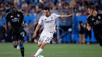 Apr 19, 2025; Charlotte, North Carolina, USA; San Diego FC midfielder Hirving Lozano (11) pushes up the field against the Charlotte FC during the second half at Bank of America Stadium. Mandatory Credit: Scott Kinser-Imagn Images
