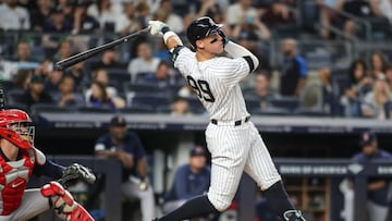 Aug 18, 2023; Bronx, New York, USA;  New York Yankees designated hitter Aaron Judge (99) hits a two run home run in the eighth inning against the Boston Red Sox at Yankee Stadium. Mandatory Credit: Wendell Cruz-USA TODAY Sports