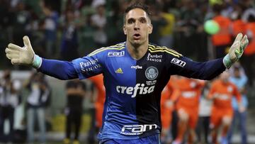 Goalkeeper Fernando Prass of Palmeiras celebrates after winning the penalty kick shootout against Santos during their Copa do Brasil final soccer match in Sao Paulo, Brazil, December 2, 2015. REUTERS/Jose Patricio  FOR EDITORIAL USE ONLY. NO RESALES. NO ARCHIVE. 