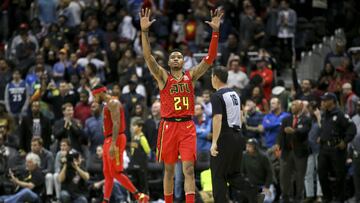 Jan 29, 2018; Atlanta, GA, USA; Atlanta Hawks guard Kent Bazemore (24) shows emotion against the Minnesota Timberwolves in the fourth quarter at Philips Arena. Mandatory Credit: Brett Davis-USA TODAY Sports