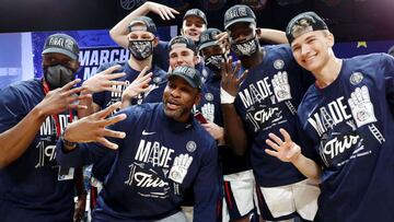 INDIANAPOLIS, INDIANA - MARCH 30: The Gonzaga Bulldogs celebrate defeating the USC Trojans 85-66 in the Elite Eight round game of the 2021 NCAA Men's Basketball Tournament at Lucas Oil Stadium on March 30, 2021 in Indianapolis, Indiana. Jamie Squir