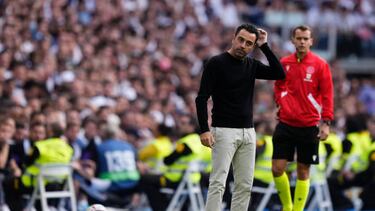 Xavi Hernandez head coach of Barcelona reacts during the La Liga Santander match between Real Madrid CF and FC Barcelona at Estadio Santiago Bernabeu on October 16, 2022 in Madrid, Spain. (Photo by Jose Breton/Pics Action/NurPhoto via Getty Images)