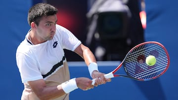Jul 27, 2025; Toronto, ON, Canada; Tomas Barrios Vera (CHI) hits a ball to Gael Monfils (not pictured) in first round play at Sobeys Stadium. Mandatory Credit: John E. Sokolowski-Imagn Images