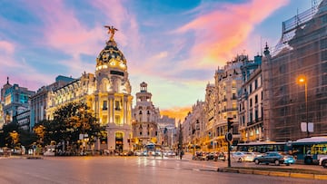 Madrid city skyline gran via street twilight , Spain