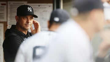 NEW YORK, NEW YORK - AUGUST 16: Manager Aaron Boone #17 of the New York Yankees looks on from the dugout during the first inning against the Tampa Bay Rays at Yankee Stadium on August 16, 2022 in the Bronx borough of New York City.   Sarah Stier/Getty Images/AFP
== FOR NEWSPAPERS, INTERNET, TELCOS & TELEVISION USE ONLY ==