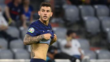 Lucas Hernandez celebrates his first goal during the UEFA EURO 2020 Group F football match between France and Germany at the Allianz Arena in Munich.