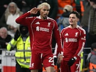 Liverpool's French striker #22 Hugo Ekitike (L) celebrates after scoring their second goal during the English Premier League football match between Liverpool and Newcastle United at Anfield in Liverpool, north west England on January 31, 2026. (Photo by Paul ELLIS / AFP) / RESTRICTED TO EDITORIAL USE. No use with unauthorized audio, video, data, fixture lists, club/league logos or 'live' services. Online in-match use limited to 120 images. An additional 40 images may be used in extra time. No video emulation. Social media in-match use limited to 120 images. An additional 40 images may be used in extra time. No use in betting publications, games or single club/league/player publications. /