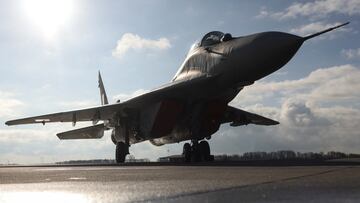 A MiG-29 plane is parked on a tarmac during a NATO media event at an airbase in Malbork, Poland, March 21, 2023. REUTERS/Lukasz Glowala