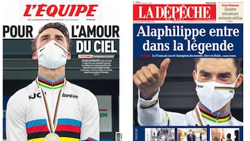 Portadas de L&#039;&Eacute;quipe y La D&eacute;p&ecirc;che du Midi del lunes 28 de septiembre de 2020 con la victoria de Julian Alaphilippe en el Mundial de Ciclismo en Ruta de Imola.