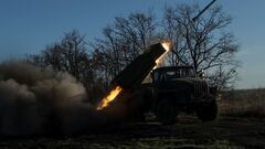 Ukrainian servicemen of the 59th Separate Motorised Infantry Brigade of the Armed Forces of Ukraine, fire a BM-21 Grad multiple launch rocket system towards Russian troops near a front line, amid Russia's attack on Ukraine, in Donetsk region, Ukraine April 4, 2024. REUTERS/Sofiia Gatilova