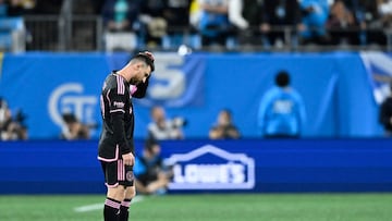 CHARLOTTE, NORTH CAROLINA - OCTOBER 21: Lionel Messi #10 of Inter Miami reacts during the second half in the game against Charlotte FC at Bank of America Stadium on October 21, 2023 in Charlotte, North Carolina.   Matt Kelley/Getty Images/AFP (Photo by Matt Kelley / GETTY IMAGES NORTH AMERICA / Getty Images via AFP)