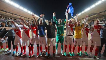 Monaco's players acknowledge the public after Monaco defeated Dortmund during the UEFA Champions League 2nd leg quarter-final football match AS Monaco v BVB Borussia Dortmund on April 19, 2017 at the Louis II stadium in Monaco.